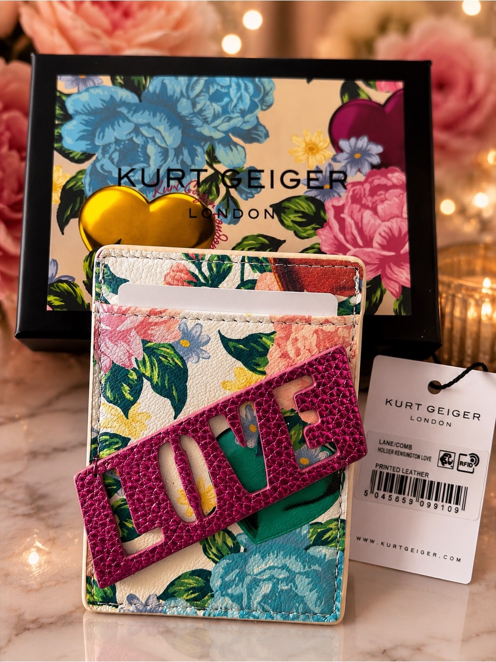 Kurt Geiger Floral Printed Card Holder with Fuchsia 'LOVE' Accent